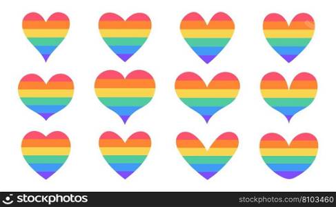 LGBT hearts set. Symbol of the LGBT community. Human rights and gender equity symbol. LGBT flag or Rainbow flag. Vector illustration. 