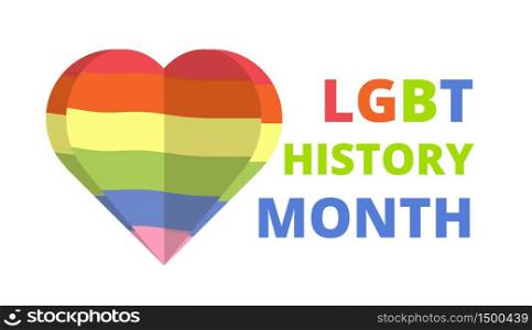 LGBT history month in October, week, day. Lesbians, bisexual flag and rainbow heart in hand. Pride Month for gay, transgender. Cartoon vector human rights for flyer, banner.. LGBT history month in October, week, day. Lesbians, bisexual flag