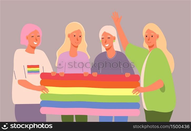 LGBT history month in October, week, day. Lesbians, bisexual girls are holding rainbow flag and laughing. Cartoon vector of human rights and tolerance for flyer, banner, web.. LGBT history month in October, week, day. Lesbians, bisexual girls are holding rainbow flag and laughing.