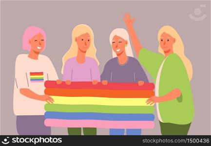 LGBT history month in October, week, day. Lesbians, bisexual girls are holding rainbow flag and laughing. Cartoon vector of human rights and tolerance for flyer, banner, web.. LGBT history month in October, week, day. Lesbians, bisexual girls are holding rainbow flag and laughing.