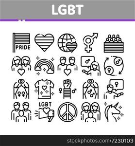 Lgbt Homosexual Gay Collection Icons Set Vector. Lgbt Community And Flag, Unicorn And Rainbow, Love Freedom And Marriage Concept Linear Pictograms. Monochrome Contour Illustrations. Lgbt Homosexual Gay Collection Icons Set Vector
