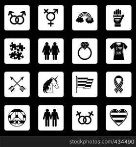 Lgbt icons set in white squares on black background simple style vector illustration. Lgbt icons set squares vector