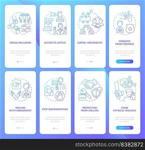 LGBT issues and support blue gradient onboarding mobile app screen set. Walkthrough 4 steps graphic instructions with linear concepts. UI, UX, GUI template. Myriad Pro-Bold, Regular fonts used. LGBT issues and support blue gradient onboarding mobile app screen set