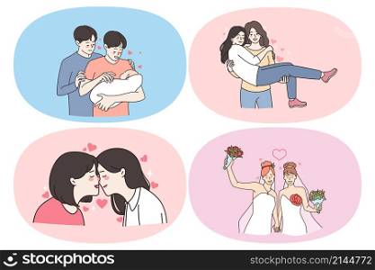 Lgbt lesbians and gays couple concept. Set of young positive women lesbians and men gays having rainbow in head marrying another woman kissing hugging adopting baby vector illustration. Lgbt lesbians and gays couple concept.