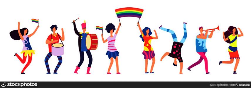 Lgbt parade. People holding rainbow flag. Gay love pride, sexual discrimination protest vector concept. Illustration of gay people, homosexual community. Lgbt parade. People holding rainbow flag. Gay love pride, sexual discrimination protest vector concept