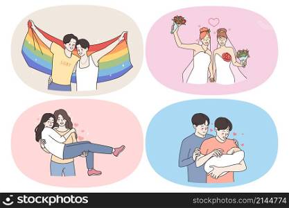 Lgbt people and Homosexual lifestyle concept. Set of young positive women lesbians and men gays having rainbow in head marrying another woman kissing hugging adopting baby vector illustration. Lgbt people and Homosexual lifestyle concept