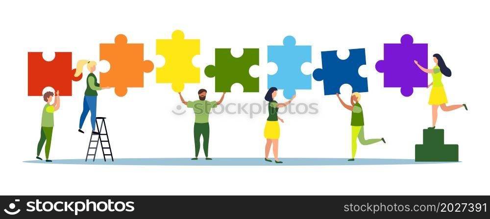 LGBT pride concept illustration. Cartoon flat tiny free LGBT characters group holding rainbow puzzle, connecting jigsaw pieces in hands, community cooperation, sexual freedom. LGBT pride concept. Cartoon flat tiny free LGBT characters group holding rainbow puzzle, connecting jigsaw pieces in hands