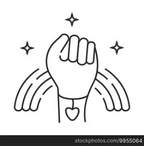 LGBT pride icon vector. Fist and rainbow with bracelet and heart, hand are shown. Pride month illustration in outline style. Gay, bisexual, lesbian symbols. LGBT pride icon vector. Fist and rainbow with bracelet and heart, hand are shown. Pride month illustration in outline style. Gay, bisexual, lesbian