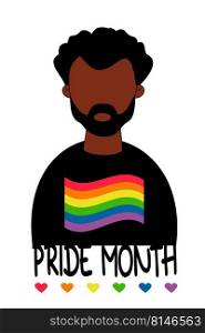 LGBT Pride Month. Black ethnic Gay man with rainbow lgbtq flag wave on t shirt. LGBTQ Symbol. Human rights and tolerance. Vector illustration. Gay parade groovy celebration