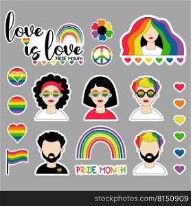 LGBT Pride Month collection stickers. LGBTQ community vector symbols, lesbian girls and gay man, pride flags, rainbow, love elements and heart. Gay Pride Month, groovy celebration. LGBT icons isolated