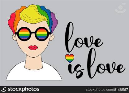 LGBT Pride Month. Lesbian girl with rainbow hair and glasses in rainbow colors - flag LGBT pride. love is love. Vector illustration. LGBTQ Symbol. Human rights and tolerance. Groovy celebration