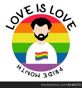 LGBT Pride Month. love is love. Beautiful man Gay on round LGBT pride flag in Rainbow colors. LGBTQ Symbol. Human rights and tolerance. Vector illustration. Gay parade groovy celebration
