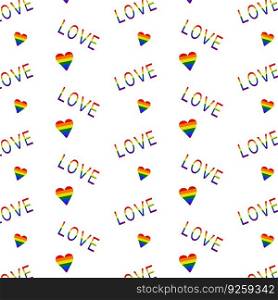 LGBT Pride Month. Pattern with hearts and the word love in rainbow color. Vector.