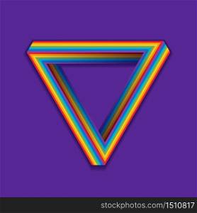 LGBT pride symbol. Rainbow seamless triangle on a violet. The Penrose triangle, Penrose tribar. LGBT community safe zone. Vector illustration.. LGBT pride symbol. Rainbow seamless triangle on a violet. The Penrose triangle, Penrose tribar. LGBT community safe zone.