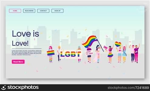 LGBT protest landing page vector template. Love is love website interface idea with flat illustrations. Pride parade homepage layout. Gay community demonstration web banner, webpage cartoon concept