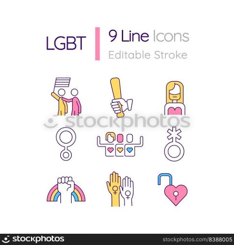 LGBT RGB color icons set. Sexual orientation and identity. Community movement. Rights and freedom. Isolated vector illustrations. Simple filled line drawings collection. Editable stroke. LGBT RGB color icons set