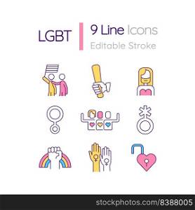 LGBT RGB color icons set. Sexual orientation and identity. Community movement. Rights and freedom. Isolated vector illustrations. Simple filled line drawings collection. Editable stroke. LGBT RGB color icons set