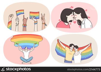 Lgbt rights and relationships concept. Set of young positive women lesbians and men gays having rainbow in head kissing hugging protecting rights vector illustration. Lgbt rights and relationships concept