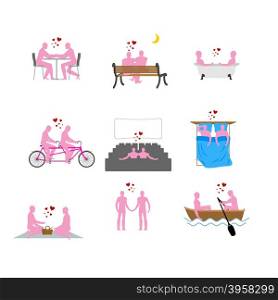 LGBT silhouettes set. Pink people in movie theater. Lovers in bath. Romantic rendezvous of gay people. Boating. Joint walk. Cycling tandem. Breakfast in cafe. Picnic in park