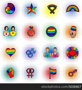 LGBT symbols icons set in comics style on a white background . LGBT symbols icons set, comics style