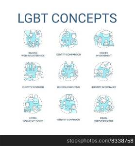 LGBT turquoise concept icons set. Gender and identity. LGBTQ community idea thin line color illustrations. Isolated symbols. Editable stroke. Roboto-Medium, Myriad Pro-Bold fonts used. LGBT turquoise concept icons set