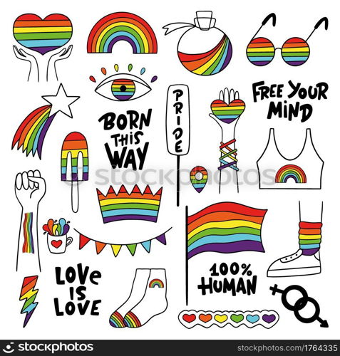 LGBTQ collection with flag, hands, hearts, star, rainbow, phrases. Pride Parade. Pride Month.  Hand-drawn vector illustration. 