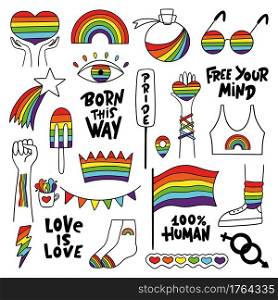 LGBTQ collection with flag, hands, hearts, star, rainbow, phrases. Pride Parade. Pride Month.  Hand-drawn vector illustration. 