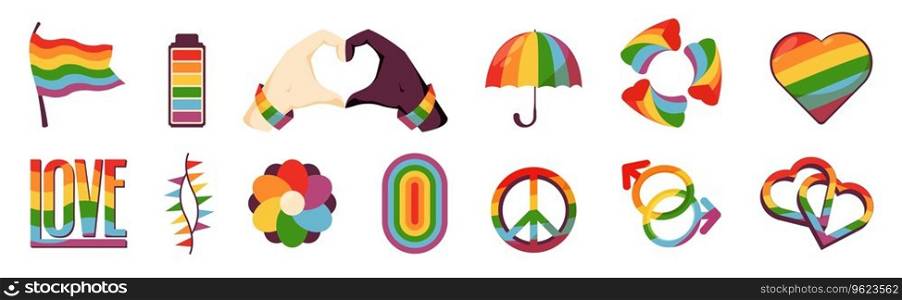 LGBTQ community symbols. Set of colorful LGBT parade symbols, groovy hands and flag icons, festival parade awareness slogan. Vector collection of community love and heart illustration. LGBTQ community symbols. Set of colorful LGBT parade symbols, groovy hands and flag icons, festival parade awareness slogan. Vector collection