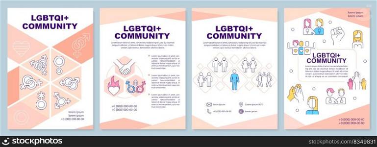 LGBTQI community pink brochure template. Social group. Leaflet design with linear icons. Editable 4 vector layouts for presentation, annual reports. Arial-Black, Myriad Pro-Regular fonts used. LGBTQI community pink brochure template