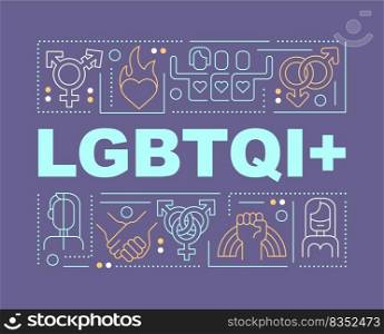 LGBTQI word concepts dark purple banner. Community. Gender identity. Infographics with editable icons on color background. Isolated typography. Vector illustration with text. Arial-Black font used. LGBTQI word concepts dark purple banner