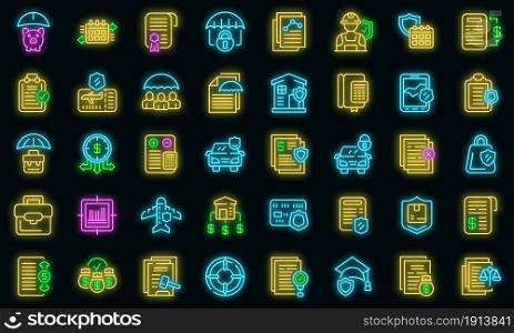 Liability icons set. Outline set of liability vector icons neon color on black. Liability icons set vector neon