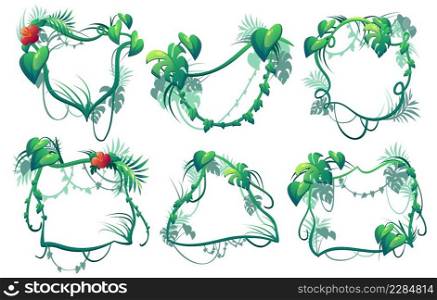 Liana frames, cartoon jungle vines, tropical branch borders. Vector Amazon rainforest thicket. Tropic forest plant leaves and flowers, climbing and hanging green tree foliage spinney isolated set. Liana frames, cartoon jungle vines, branch borders