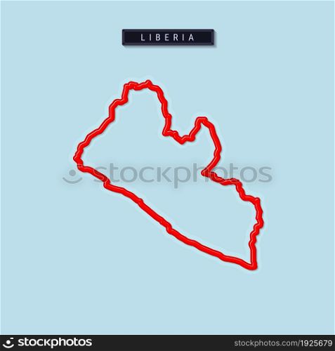 Liberia bold outline map. Glossy red border with soft shadow. Country name plate. Vector illustration.. Liberia bold outline map. Vector illustration