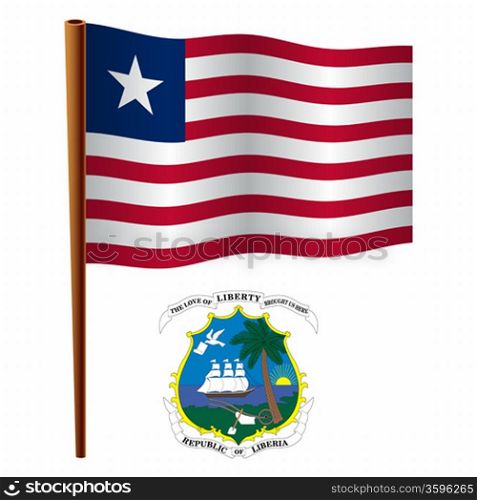 liberia wavy flag and coat of arm against white background, vector art illustration, image contains transparency