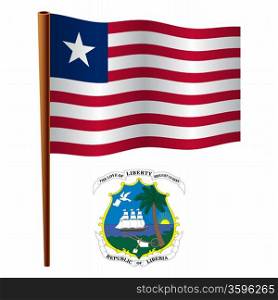 liberia wavy flag and coat of arm against white background, vector art illustration, image contains transparency