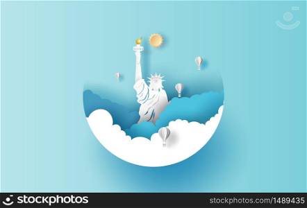 Liberty Statue balloons scene over cloud concept on blue sky background. Holiday festival day with USA landmark famous. Paper cut and craft circle drsign. United States of America for card and poster.