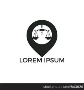 Libra and map pointer logo design. Unique law and pin logotype design template.