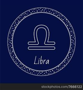 Libra constellation of zodiac, astrology sign isolated on blue in circle with stars. Vector weighing scales, Unicode symbol. Illustration of zodiac horoscope symbol in round circle with diamond. Libra constellation zodiac astrology sign isolated