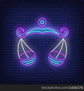 Libra neon sign. Scales, balance, symbol. Astrological sign concept. Vector illustration in neon style, glowing element for topics like zodiac, horoscope, law