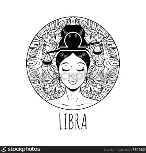 Libra zodiac sign artwork, adult coloring book page, beautiful horoscope symbol girl, vector illustration