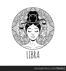 Libra zodiac sign artwork, adult coloring book page, beautiful horoscope symbol girl, vector illustration