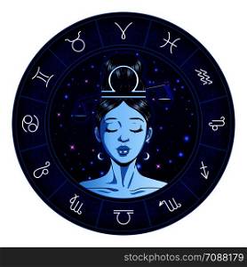Libra zodiac sign artwork, beautiful girl face, horoscope symbol, star sign, vector illustration