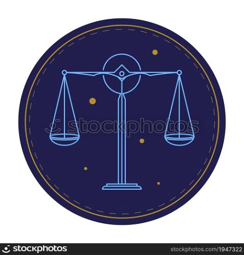 Libra zodiac sign, circle astrological horoscope symbol with balance scale and stars constellations. Prediction of character and typical traits of people born in autumn months. Vector in flat style. Balance scale astrological sign, horoscope symbol