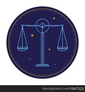 Libra zodiac sign, circle astrological horoscope symbol with balance scale and stars constellations. Prediction of character and typical traits of people born in autumn months. Vector in flat style. Balance scale astrological sign, horoscope symbol