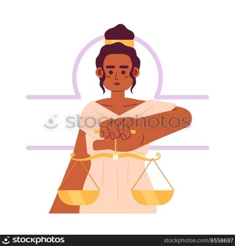 Libra zodiac sign flat concept vector spot illustration. Pretty woman holding measurement scales 2D cartoon character on white for web UI design. Astrology isolated editable creative hero image. Libra zodiac sign flat concept vector spot illustration