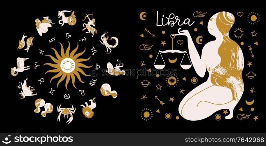 Libra zodiac sign. Full horoscope in the circle. Horoscope wheel zodiac with twelve signs vector. Aries; Taurus; Gemini; Cancer; Leo; Virgo; Libra; Scorpio; Sagittarius; Capricorn; Aquarius, Pisces. Libra zodiac sign. Horoscope and astrology. Full horoscope in the circle. Horoscope wheel zodiac with twelve signs vector.