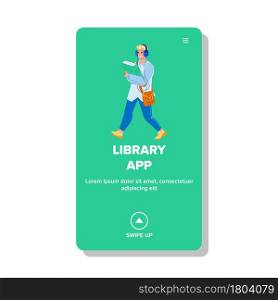 Library App Using Man For Listen Audiobook Vector. Young Boy Walking With Book And Listen Audio Literature On Smartphone Library App. Character E-book Application Web Flat Cartoon Illustration. Library App Using Man For Listen Audiobook Vector