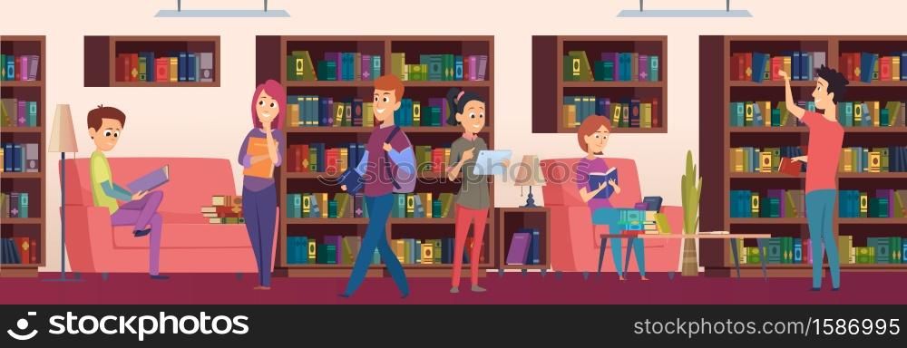 Library background. Kids students choosing books on the shelves in biblioteca vector cartoon illustrations. Interior library, student study and read book. Library background. Kids students choosing books on the shelves in biblioteca vector cartoon illustrations