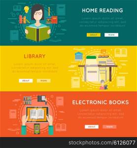 Library banner set. Library horizontal banner set with electronic books flat isolated vector illustration
