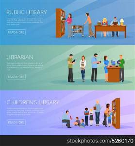Library Banners Set. Library horizontal banners set with librarian symbols flat isolated vector illustration